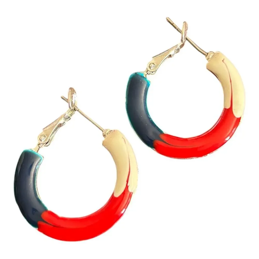 Vintage Red White Blue Enamel Hoop Earringsl Costume Jewelry 1” Patriotic Hoops
